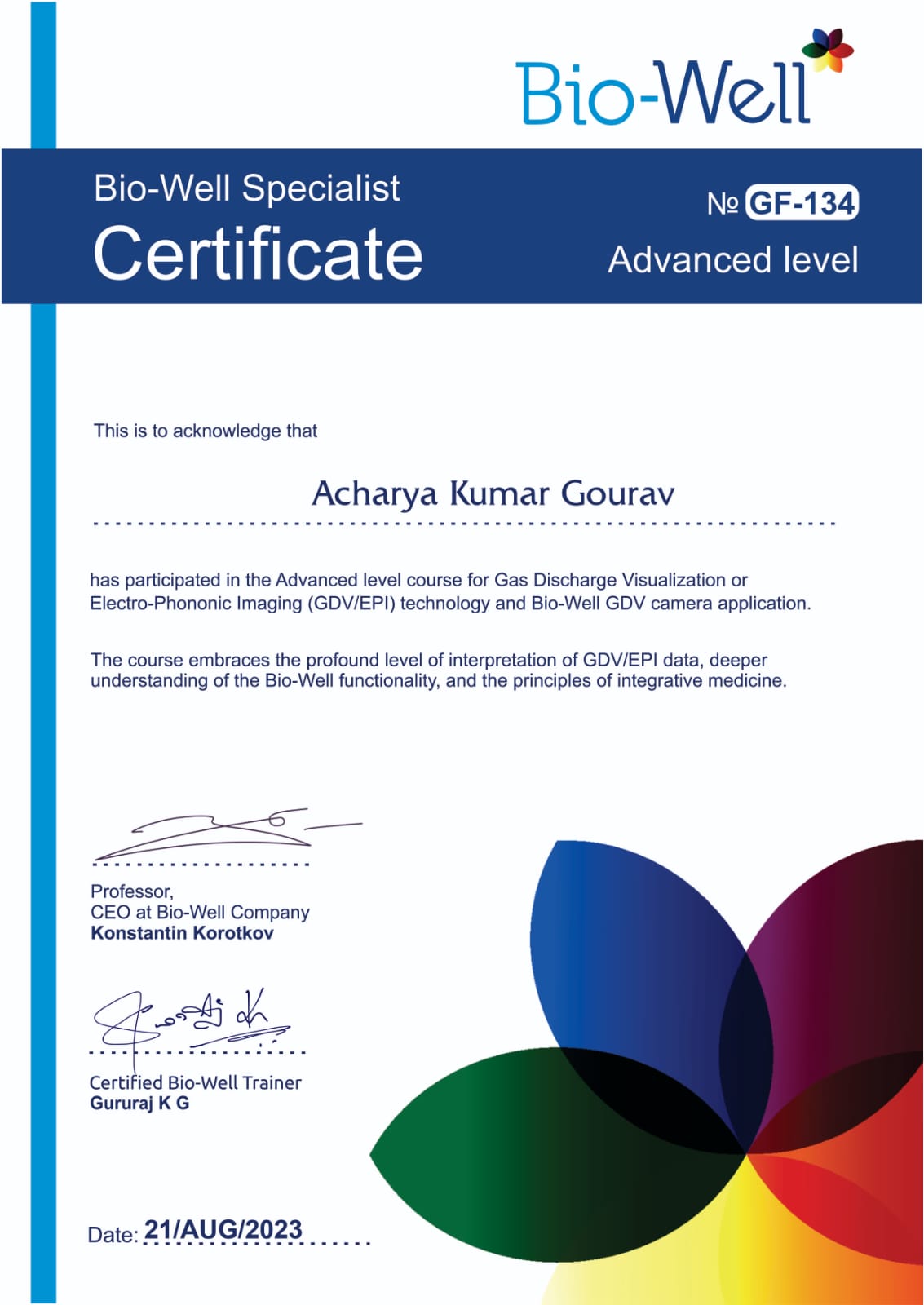 Bio-Well Specialist Advanced Level certificate for Acharya Kumar Gourav