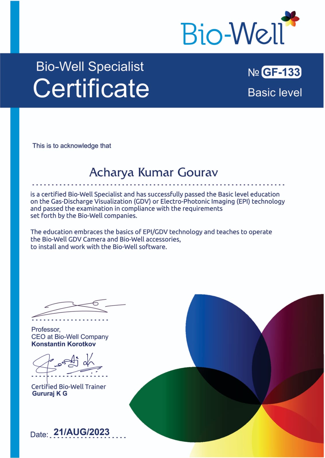 Bio-Well Specialist Basic Level certificate for Acharya Kumar Gourav